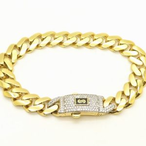 Classic Monaco Link w/ Cubic Zirconia Pave Safety Clasp 8.5" Bracelet 10KT /9MM