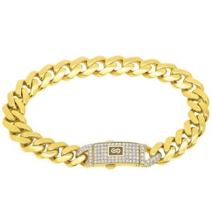 Classic Monaco Link w/ Cubic Zirconia Pave Safety Clasp 8.5" Bracelet 10KT /9MM