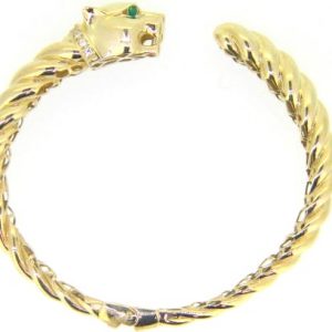 Panther Head with Sim. Green Stone Eyes & Cubic Zirconia Hinged Bangle Bracelet 10KT