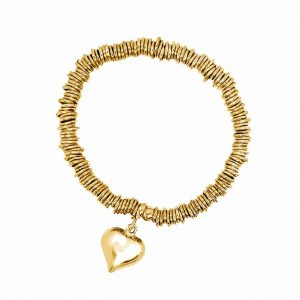 Multi Link Stretch Bracelet W/ Puffed Heart Dangle Charm Gold Plated Sterling Silver    *CLEARANCE-FINAL SALE*