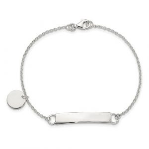 7.5"  Rolo Link ID Bracelet W/ Dangle Round 10mm Disc Sterling Silver/Engravable
