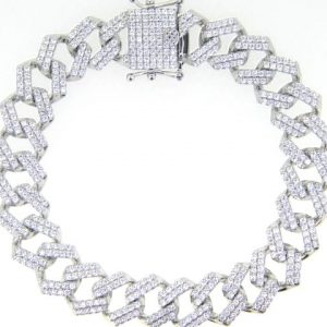 Cubic Zirconia Pave Square Edge Curb Link 8.5" Bracelet Sterling Silver/13MM