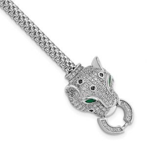 Panther Head w/ Cubic Zirconia & Sim. Green Eyes Mesh Link 7.25" Bracelet Sterling Silver