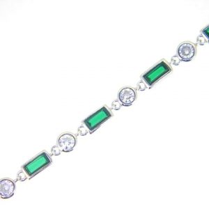 Sim. Emerald & Cubic Zirconia Bezel Set Adjustable 7-8" Tennis Bracelet Sterling Silver