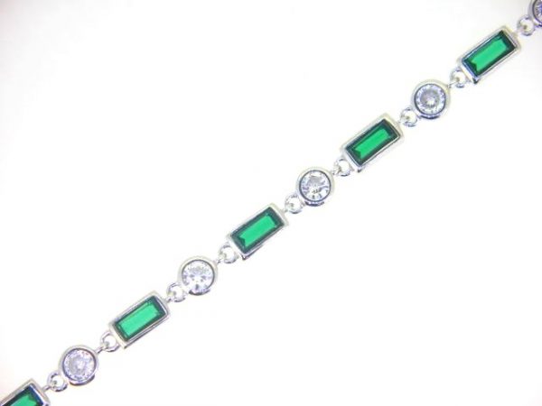 Sim. Emerald & Cubic Zirconia Bezel Set Adjustable 7-8" Tennis Bracelet Sterling Silver