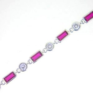 Sim. Ruby & Cubic Zirconia Bezel Set Adjustable 7-8" Tennis Bracelet Sterling Silver