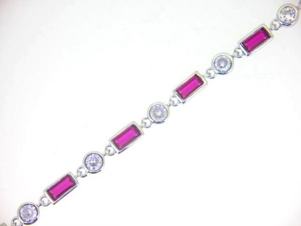 Sim. Ruby & Cubic Zirconia Bezel Set Adjustable 7-8" Tennis Bracelet Sterling Silver