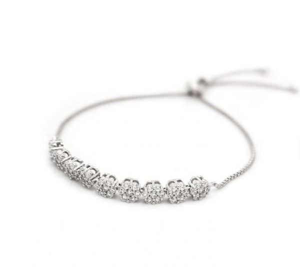 Lotus Flower Cubic Zirconia Adjustable Bolo Bracelet Sterling Silver