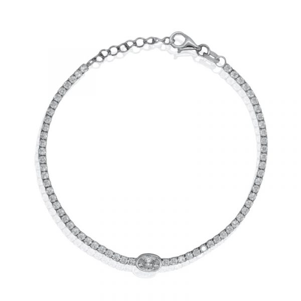Oval Bezel Set Centre Accent Cubic Zirconia 7.5" Tennis Bracelet Sterling Silver