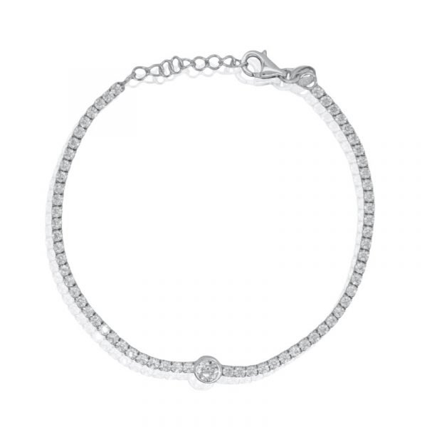 Round Bezel Set Centre Accent Cubic Zirconia 7.5" Tennis Bracelet Sterling Silver