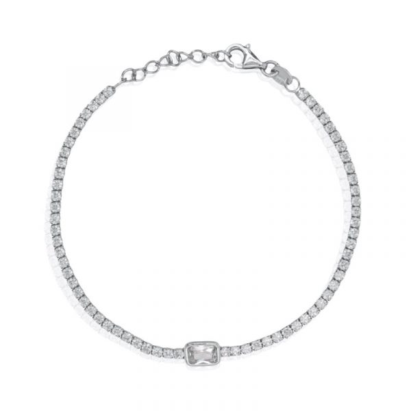 Emerald Bezel Set Centre Accent Cubic Zirconia 7.5" Tennis Bracelet Sterling Silver