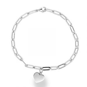 Dangle Heart Charm Paper Clip Link 7.5" Bracelet Sterling Silver