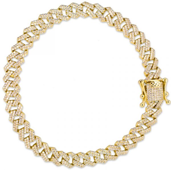 Cubic Zirconia Micro Pave Square Edge Cuban Link 8" Bracelet Gold Plated Sterling Silver/8MM