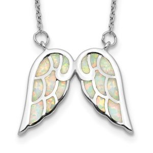 Angel Wings with Created Opal Inlay Adjustable 16-18" Necklace Sterling Silver