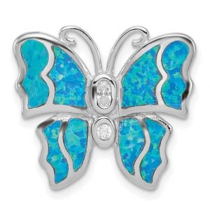 Butterfly with Cubic Zirconia & Sim. Blue Opal Inlay Slider Pendant 18" Chain Sterling Silver