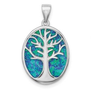 Oval Tree of Life with Sim. Blue Opal Inlay Pendant 18" Chain Sterling Silver