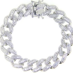 Cubic Zirconia Round Brilliant & Baguette Pave Curb Link 8.5" Bracelet Sterling Silver/15MM