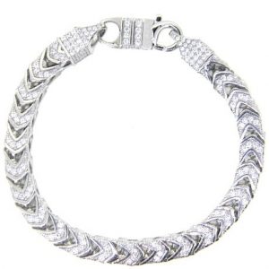 Cubic Zirconia Pave Square Franco Link 8.5" Bracelet Sterling Silver/7MM