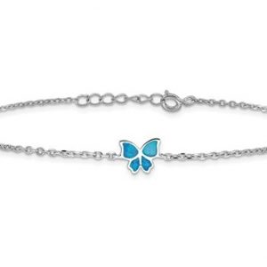 Sim. Opal Inlay Multi Butterfly Station Adjustable 9-9.5" Anklet Sterling Silver