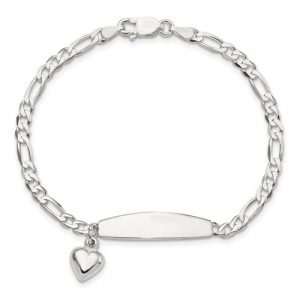 Figaro Link ID Bracelet with Dangle Puffed Heart 7.5" Sterling Silver/*Engravable