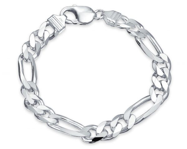 Solid Figaro Link 9"  Bracelet Sterling Silver Italian/11MM