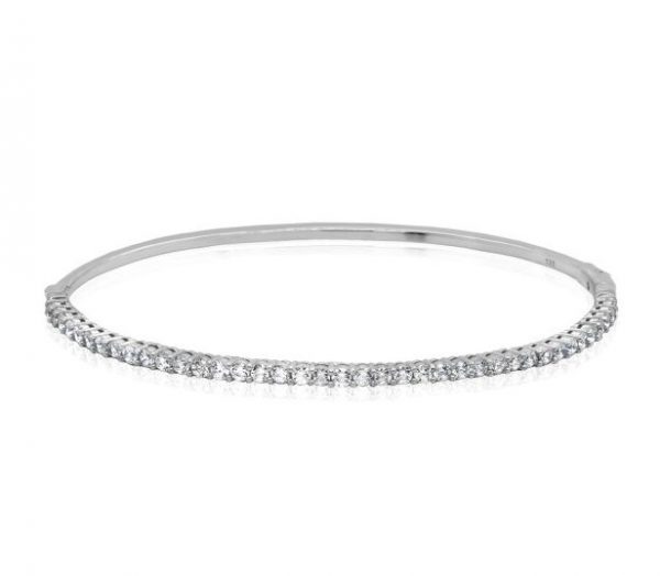 2MM Cubic Zirconia Oval Hinged Bangle Bracelet Sterling Silver