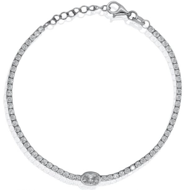 Oval Cut Bezel Set Centre Accent Cubic Zirconia Adjustable 7-7.5" Tennis Bracelet Sterling Silver