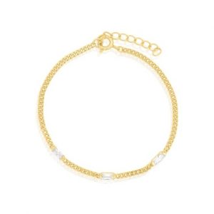 Emerald Shape Cubic Zirconia 3 Station Curb Link Adjustable 6.5-7.5" Bracelet Gold Plated Sterling Silver