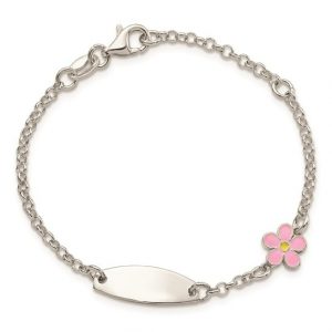 ID Bracelet with Pink Enamel Flower Adjustable 5.5-6.5" Rolo Link Baby Bracelet Sterling Silver