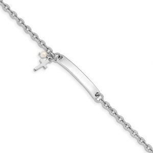 ID Bracelet with Dangle Cross & Sim. Pearl Adjustable 5-6" Rolo Link Baby Bracelet Sterling Silver