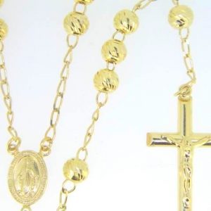 26-32" 7MM D.Cut Bead Rosary w/ Crucifix Gold Plated Sterling Silver
