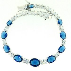 Sim. Sapphire & Cubic Zirconia Oval Graduated 7" Tennis Bracelet Sterling Silver