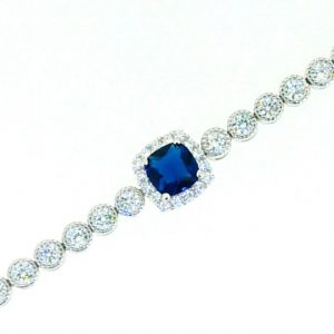 Sim. Sapphire Halo Cushion Shape & Cubic Zirconia Vintage Design 7" Tennis Bracelet Sterling Silver