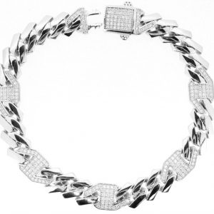 9" Square Cuban 3+1 with Cubic Zirconia Pave Fancy Link Bracelet Sterling Silver/9MM