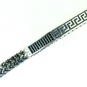 9" Greek Key & Black Cubic Zirconia Bar Square Franco Link Bracelet Matte Finish Sterling Silver