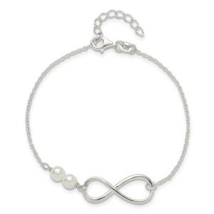 Inifinity & Simulated Pearl 7-8" Adjustable Bracelet Sterling Silver