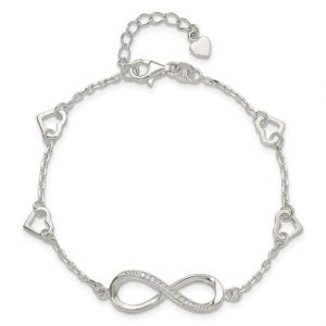 Inifinity with Cubic Zirconia & 7-8" Adjustable Heart Station Bracelet Sterling Silver