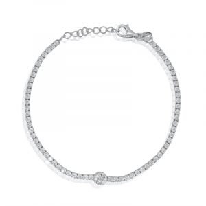 Round Bezel Set Centre Accent Cubic Zirconia 6.5-7.5" Adjustable Tennis Bracelet Sterling Silver