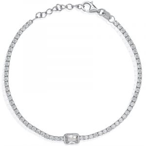 Emerald Cut Bezel Set Centre Accent Cubic Zirconia 7-7.5" Adjustable Tennis Bracelet Sterling Silver