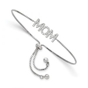 MOM  Cubic Zirconia Pave Adjustable Bolo Box Link Bracelet Sterling Silver
