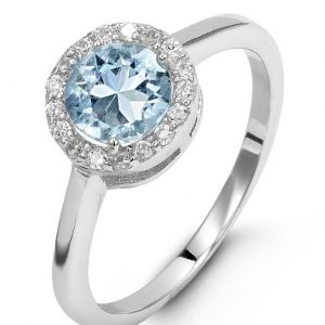 Simulated Birthstone & Cubic Zirconia Halo Ladies Ring Sterling Silver/MAR