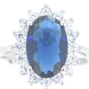 Sim. Sapphire & Cubic Zirconia Cluster Ring Sterling Silver/Adjustable