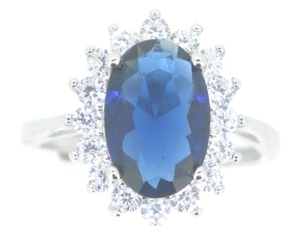 Sim. Sapphire & Cubic Zirconia Cluster Ring Sterling Silver/Adjustable