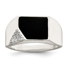 Cubic Zirconia & Black Enamel Gents Ring Sterling Silver/Size 10