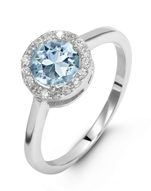 Simulated Birthstone & Cubic Zirconia Halo Ladies Ring Sterling Silver/MAR