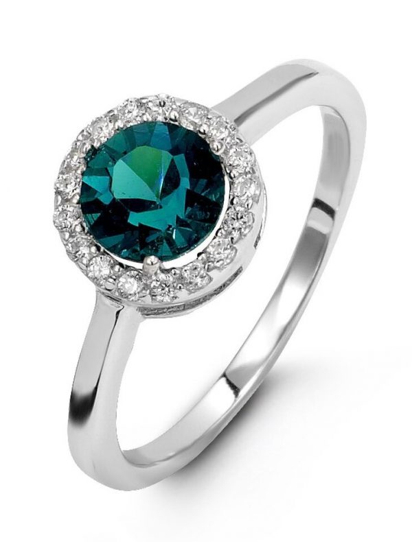 Simulated Birthstone & Cubic Zirconia Halo Ladies Ring Sterling Silver/MAY