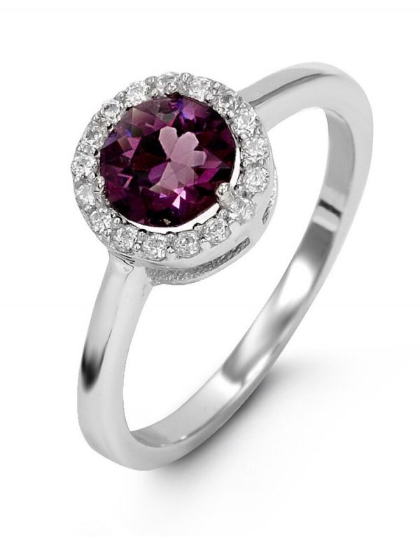 Simulated Birthstone & Cubic Zirconia Halo Ladies Ring Sterling Silver/FEB
