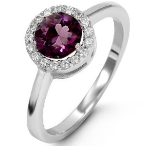 Simulated Birthstone & Cubic Zirconia Halo Ladies Ring Sterling Silver/FEB