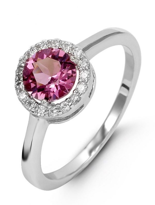 Simulated Birthstone & Cubic Zirconia Halo Ladies Ring Sterling Silver/OCT