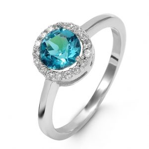 Simulated Birthstone & Cubic Zirconia Halo Ladies Ring Sterling Silver/DEC